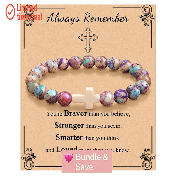 Christian Cross Bracelet Adjustable Stone Beads Faith Jewelry Gift - Picture 1 of 7